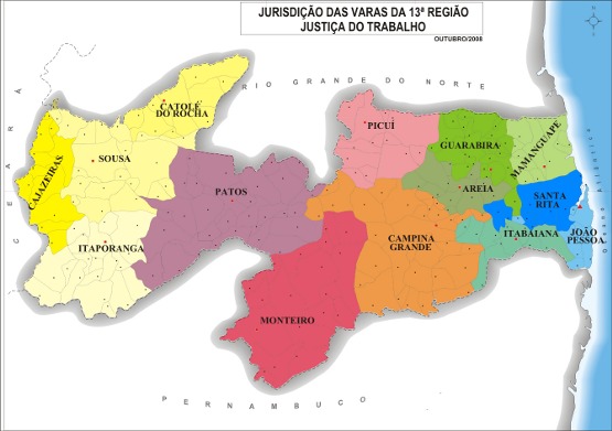 Mapa da Paraíba, dividido pelas Jurisdições do TRT 13ª Região